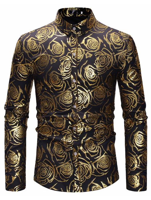 HOP Fashion Men's Luxury Gold Paisley Shirts Long Sleeve Slim Fit Button Down Dress Shirts for Wedding/Party/Night Club