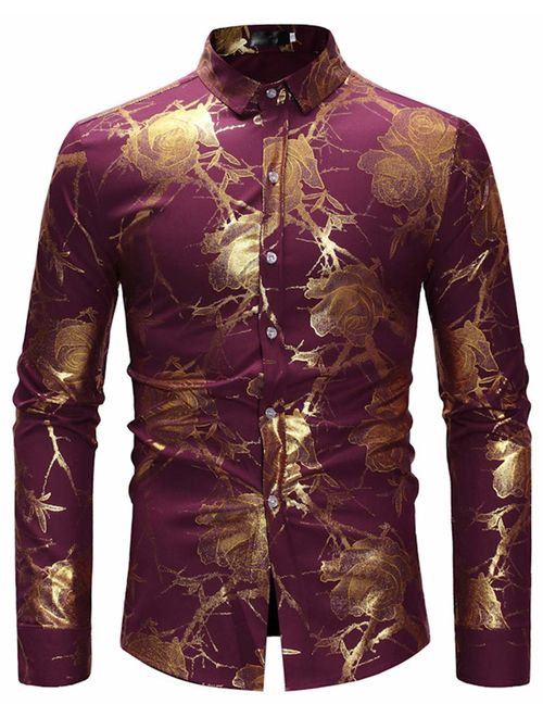 HOP Fashion Men's Luxury Gold Paisley Shirts Long Sleeve Slim Fit Button Down Dress Shirts for Wedding/Party/Night Club