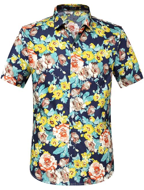 SSLR Men's Floral Casual Button Down Short Sleeve Hawaiian Shirt