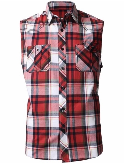 Mens Button Down Sleeveless Plaid Flannel Shirt Checkered Top