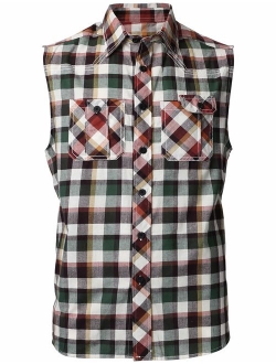 Mens Button Down Sleeveless Plaid Flannel Shirt Checkered Top