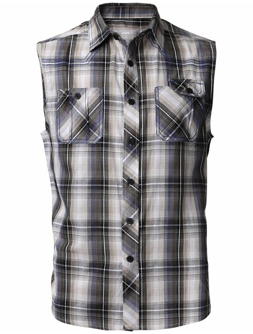 Mens Button Down Sleeveless Plaid Flannel Shirt Checkered Top