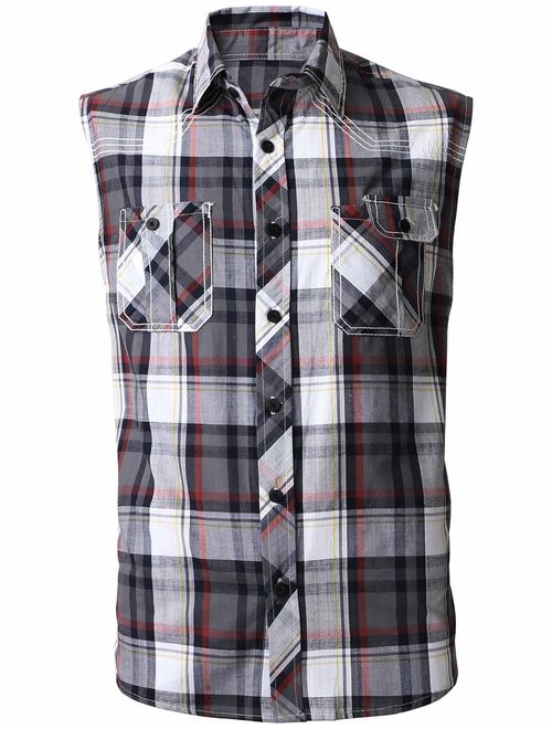 Mens Button Down Sleeveless Plaid Flannel Shirt Checkered Top