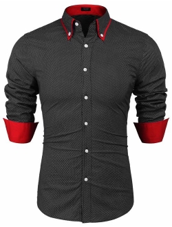 JINIDU Men's Dot Print Long Sleeve Button Down Shirt Contrast Color Casual Slim Fit Dress Shirts