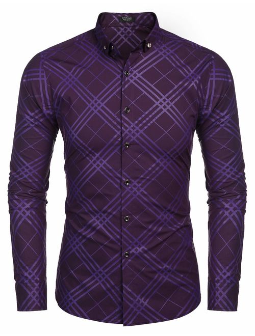 JINIDU Men's Dot Print Long Sleeve Button Down Shirt Contrast Color Casual Slim Fit Dress Shirts