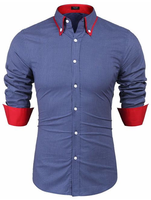 JINIDU Men's Dot Print Long Sleeve Button Down Shirt Contrast Color Casual Slim Fit Dress Shirts