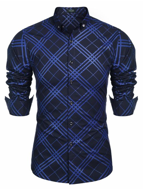 JINIDU Men's Dot Print Long Sleeve Button Down Shirt Contrast Color Casual Slim Fit Dress Shirts