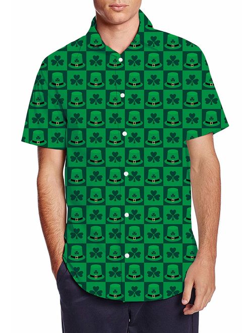 Men St. Patrick's Day Shirt Irish Shamrock Printed Short Sleeve Hawaiian Shirt Button Down Aloha Shirts Green