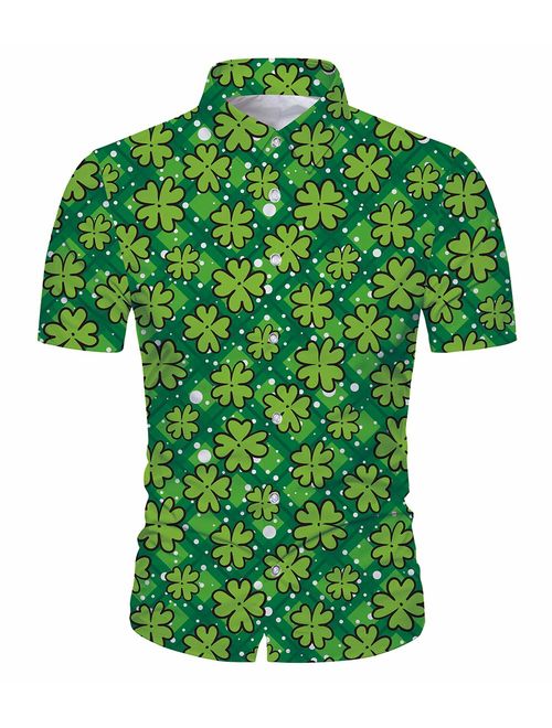 Men St. Patrick's Day Shirt Irish Shamrock Printed Short Sleeve Hawaiian Shirt Button Down Aloha Shirts Green