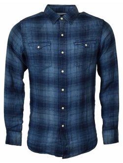 Men's Long Sleeve Plaid Button Down Shirt, INDIGO (M)