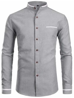 Mens Hipster Mandarin Collar Slim Fit Long Sleeve Casual Button Down Oxford Dress Shirt with Pocket