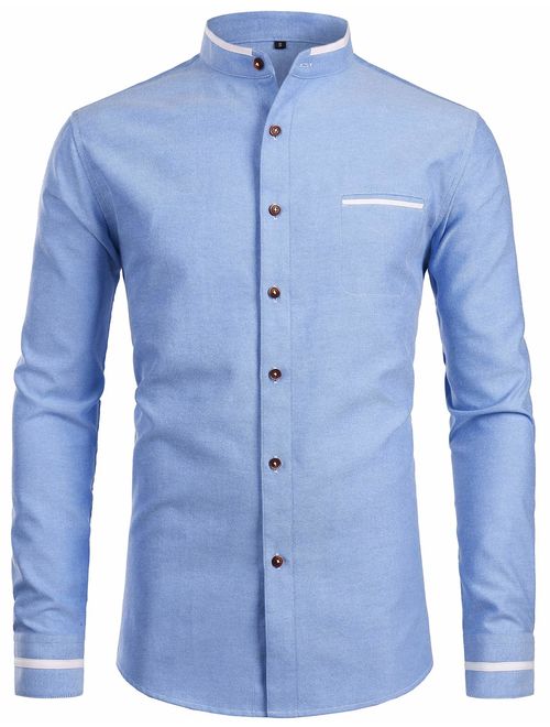 ZEROYAA Mens Hipster Mandarin Collar Slim Fit Long Sleeve Casual Button Down Oxford Dress Shirt with Pocket