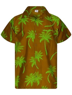 Funky Hawaiian Shirt Men Shortsleeve Frontpocket Hawaiian-Print Leaves Flowers Palm Shadow