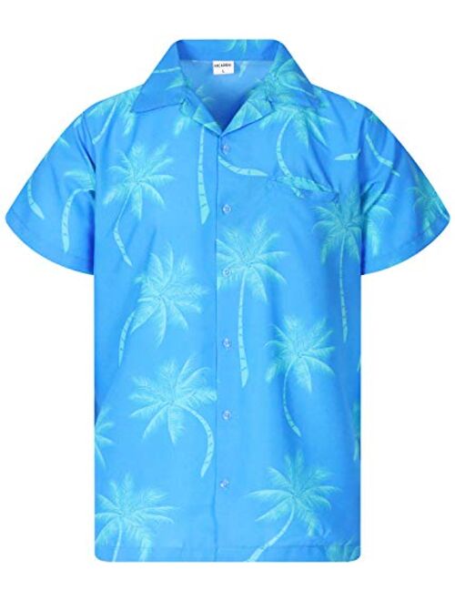 King Kameha Funky Hawaiian Shirt Men Shortsleeve Frontpocket Hawaiian-Print Leaves Flowers Palm Shadow