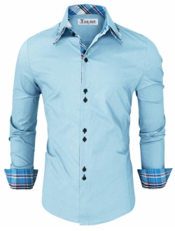 TAM WARE Mens Trendy Slim Fit Inner Checkered Button Down Shirt