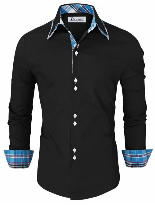 TAM WARE Mens Trendy Slim Fit Inner Checkered Button Down Shirt