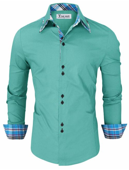 TAM WARE Mens Trendy Slim Fit Inner Checkered Button Down Shirt