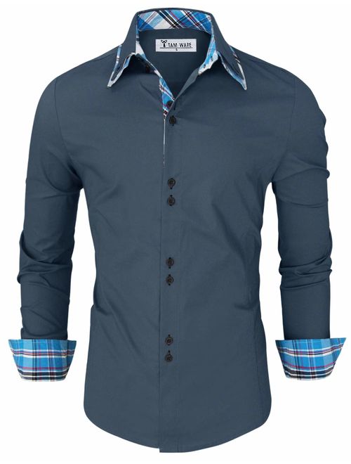 TAM WARE Mens Trendy Slim Fit Inner Checkered Button Down Shirt