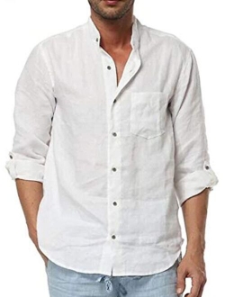 Enjoybuy Mens Linen Shirts Button Up Long Sleeve Banded Collar Summer Beach Shirts Regular Fit Tops