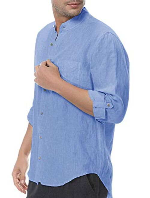 Enjoybuy Mens Linen Shirts Button Up Long Sleeve Banded Collar Summer Beach Shirts Regular Fit Tops