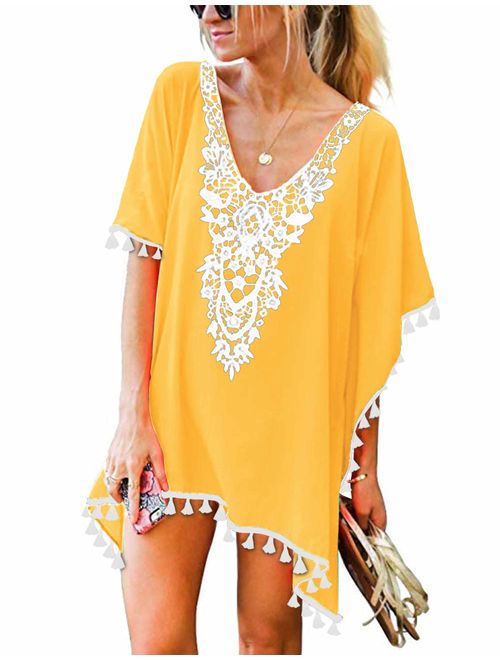 CPOKRTWSO Women's Crochet Chiffon Tassel Swimsuit Beach Bikini Cover Ups for Swimwear