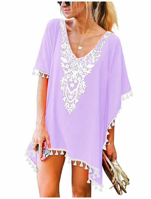 CPOKRTWSO Women's Crochet Chiffon Tassel Swimsuit Beach Bikini Cover Ups for Swimwear