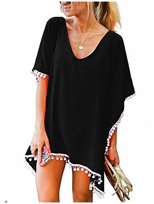 CPOKRTWSO Women's Crochet Chiffon Tassel Swimsuit Beach Bikini Cover Ups for Swimwear