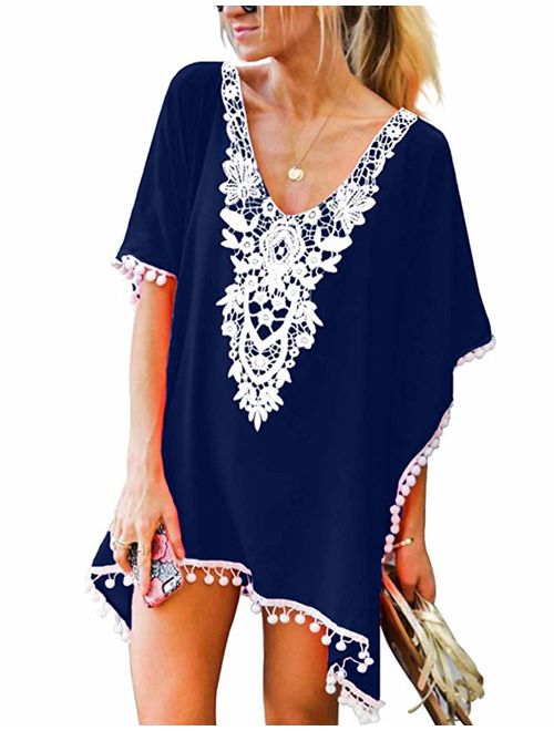 CPOKRTWSO Women's Crochet Chiffon Tassel Swimsuit Beach Bikini Cover Ups for Swimwear