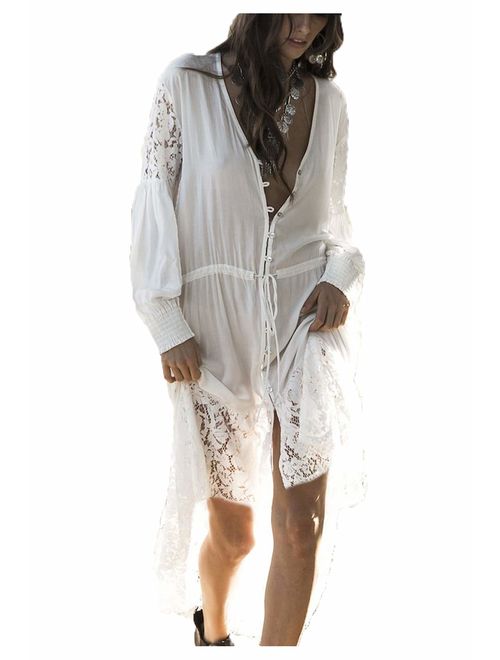 Wander Agio Womens Bikini Cover Ups Beach Casual Dress Coverup Swimsuits Long Cardigan Button