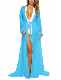 Women's Sexy Thin Mesh Long Sleeve Tie Front Swimsuit Swim Beach Maxi Cover Up Dress