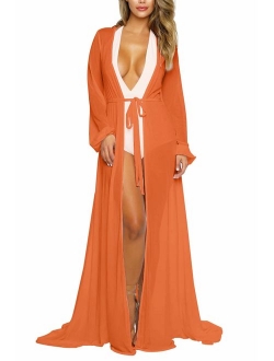 Women's Sexy Thin Mesh Long Sleeve Tie Front Swimsuit Swim Beach Maxi Cover Up Dress