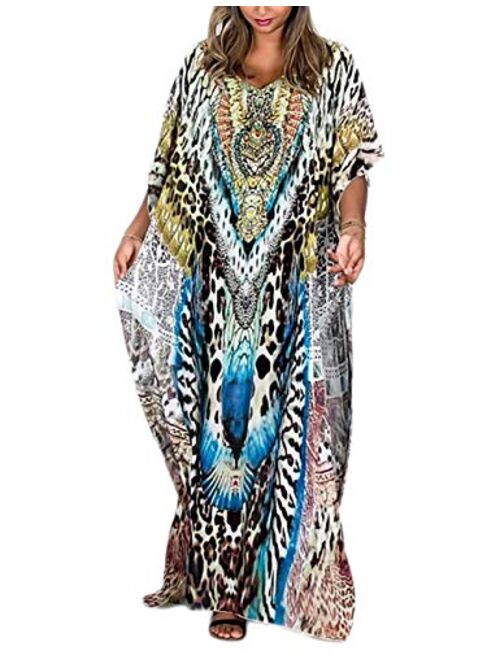 Bsubseach Women Bathing Suit Cover Up Ethnic Print Kaftan Beach Maxi Dresses