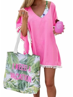 PINKMSTYLE Women's Chiffon Pom Pom Kaftan Swimsuit Beach Cover Up