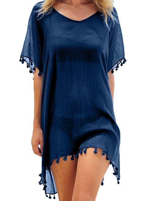 PINKMSTYLE Women's Chiffon Pom Pom Kaftan Swimsuit Beach Cover Up