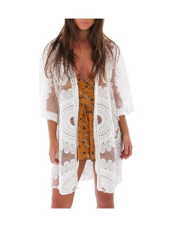 shermie Women's Floral Crochet Lace Beach Swimsuit Cover Ups Long Vintage Kimono Cardigan Dress