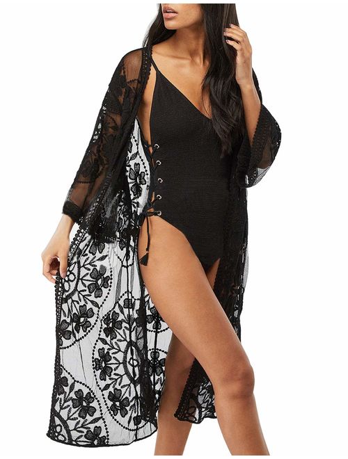 shermie Women's Floral Crochet Lace Beach Swimsuit Cover Ups Long Vintage Kimono Cardigan Dress