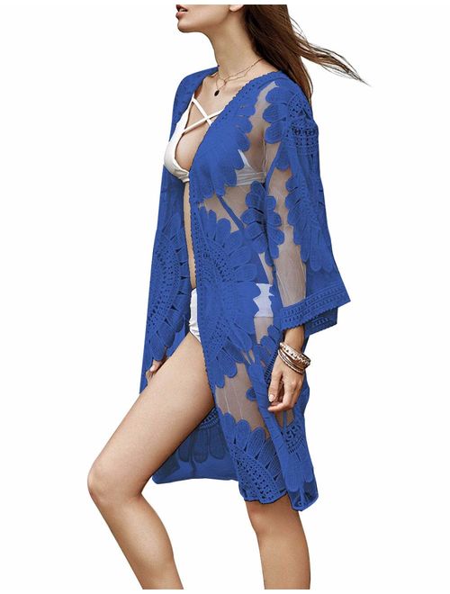 shermie Women's Floral Crochet Lace Beach Swimsuit Cover Ups Long Vintage Kimono Cardigan Dress