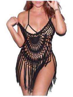 shermie Women's Handmade Crochet Swimsuit Cover UPS Short Halter Beach Dresses with Tassels