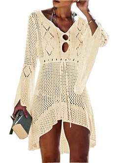 WAWJIR Women Flare Sleeve Sexy Elegant Crochet Hollow Beach Dress Swimwear Bikini Cover Up