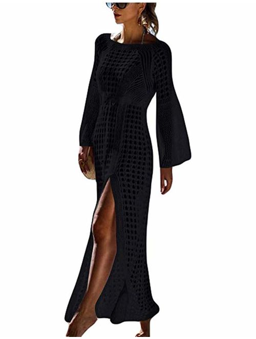 WAWJIR Women Flare Sleeve Sexy Elegant Crochet Hollow Beach Dress Swimwear Bikini Cover Up