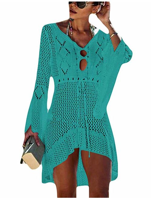 WAWJIR Women Flare Sleeve Sexy Elegant Crochet Hollow Beach Dress Swimwear Bikini Cover Up