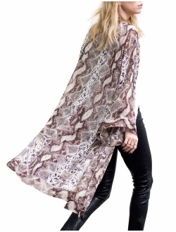 Women's Fall Long Kimono Flowy Cardigan Boho Chiffon Floral Beach Cover Up Tops