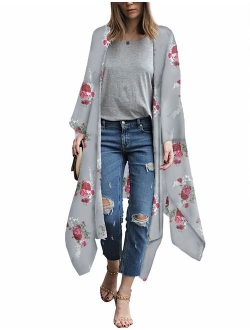 Women's Fall Long Kimono Flowy Cardigan Boho Chiffon Floral Beach Cover Up Tops