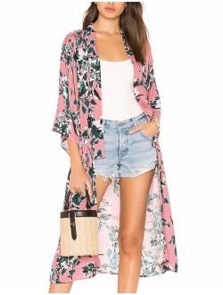 Women's Fall Long Kimono Flowy Cardigan Boho Chiffon Floral Beach Cover Up Tops