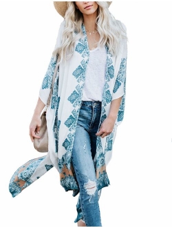 Women's Fall Long Kimono Flowy Cardigan Boho Chiffon Floral Beach Cover Up Tops