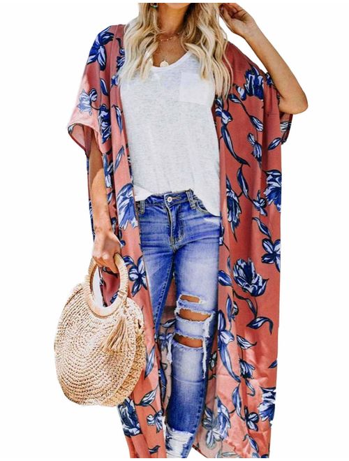 Women's Fall Long Kimono Flowy Cardigan Boho Chiffon Floral Beach Cover Up Tops