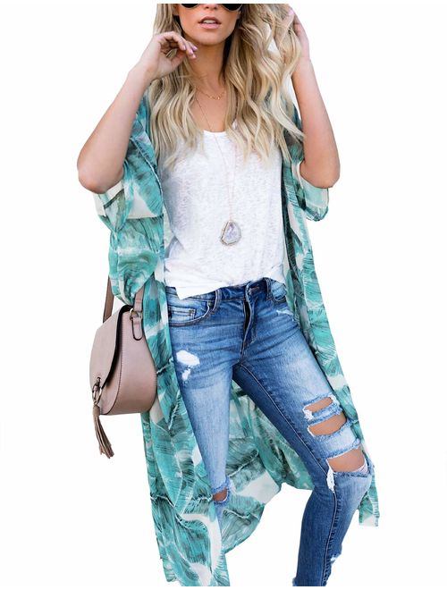 Women's Fall Long Kimono Flowy Cardigan Boho Chiffon Floral Beach Cover Up Tops