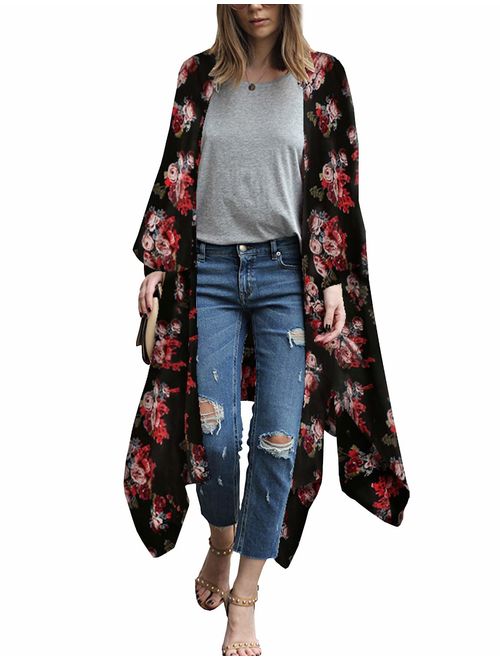 Women's Fall Long Kimono Flowy Cardigan Boho Chiffon Floral Beach Cover Up Tops