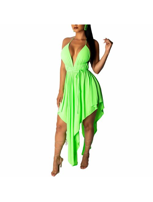 IyMoo Women's Halter Neck Spagehtti Strap Backless Bandage Printed High Low Beach Party Maxi Dress