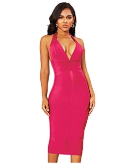 whoinshop Women's Backless Halter V Plunge Celebrity Night Club Party Bandage Bodycon Midi Dress